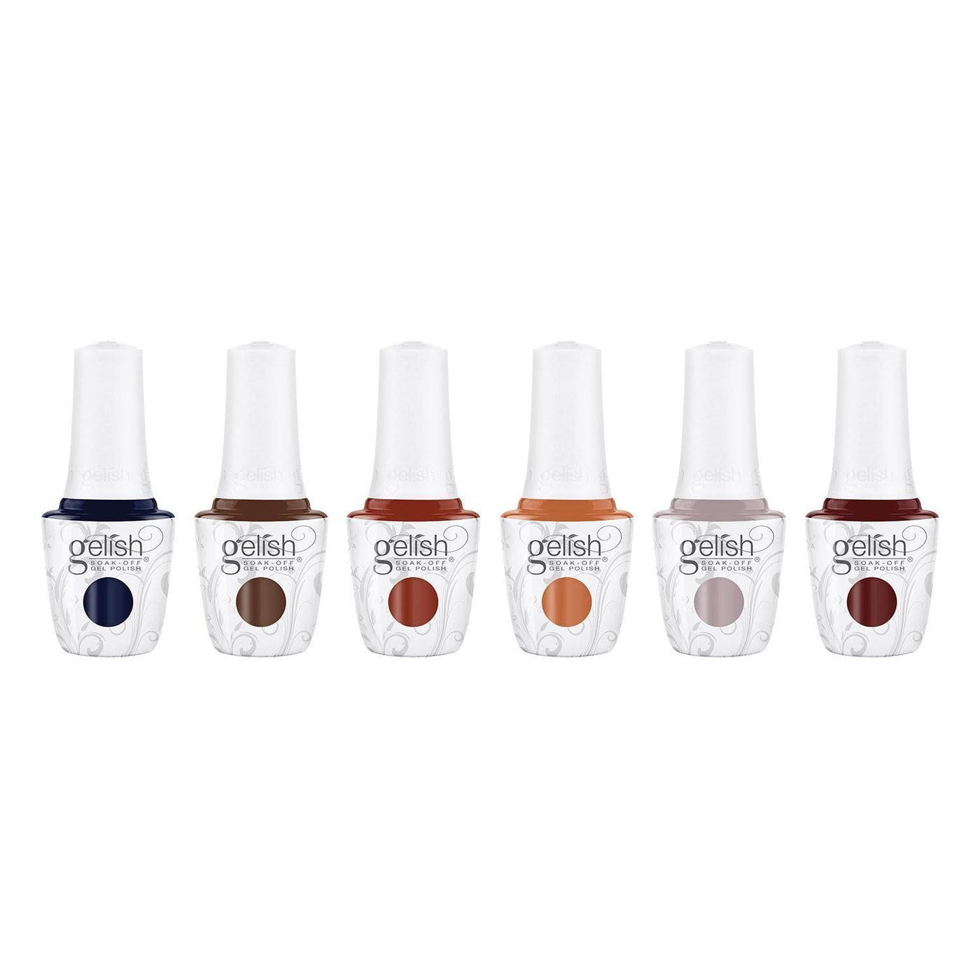 Gelish No Boundaries Collection (6 x 15ml) Afternoon Escape, a burnt orange crème, and Catch Me If You Can, a pumpkin crème. Uncharted Territory, a garnet crème, and Totally Trailblazing, a hot chocolate crème. Navy blue crème, Laying Low, and the taupe crème, Keep ‘Em Guessing.