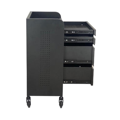 Joiken Fusion Plus 4 Drawer Hairdressing Beauty Trolley - Black side details with drawers open