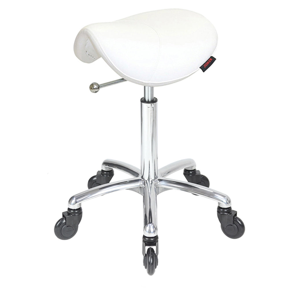 Joiken Saddle Stool with Click'n Clean Castor Wheels White Upholstery Chrome Base No Back