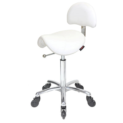Joiken Saddle Stool with Click'n Clean Castor Wheels White Upholstery Chrome Base With Back